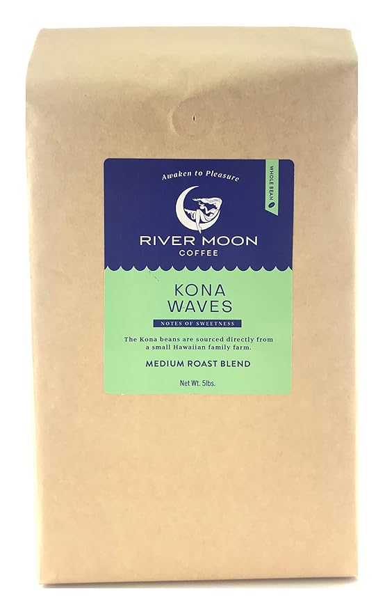 River Moon Coffee Kona Coffee Whole Bean Medium Roast 5 lbs Kona Waves Hawaiian Blend Sustainably Farmed 100% Arabica