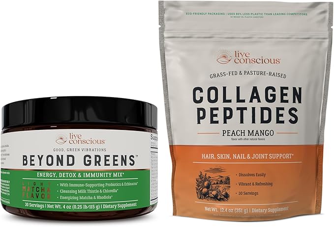 Live Conscious Beyond Greens &amp Collagen Peptides Peach Mango| Mushroom Coffee Alternative Low Caffeine + Hair Skin Nail and Joint Support