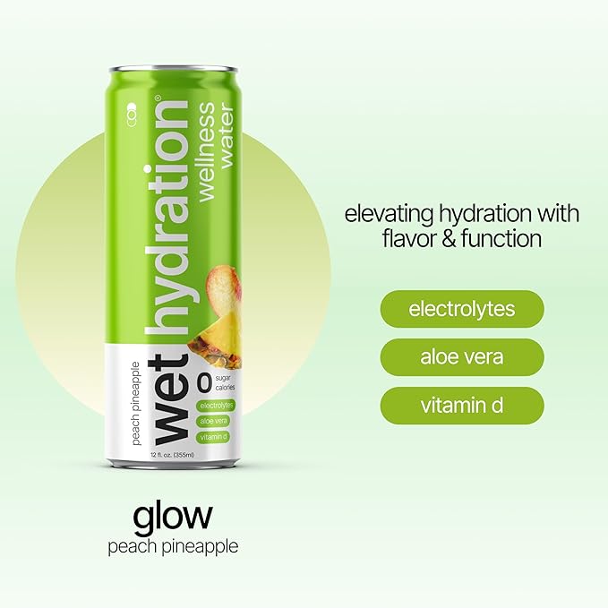 Wet Hydration | Functional Wellness Water Non-Carbonated - Peach Pineapple (12 Ounce Cans Pack of 12) - Flavored Water Hydration Drink No Sugar No Artificial Ingredients Zero Calories (Packaging