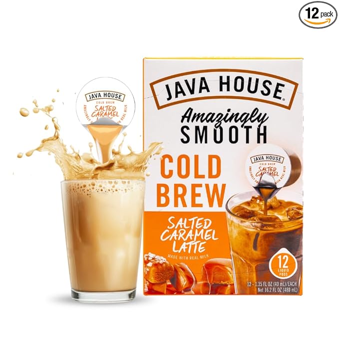 JAVA HOUSE Salted Caramel Latte Cold Brew Coffee Pods (12 Count) Peel and Pour Pods Hot or Iced