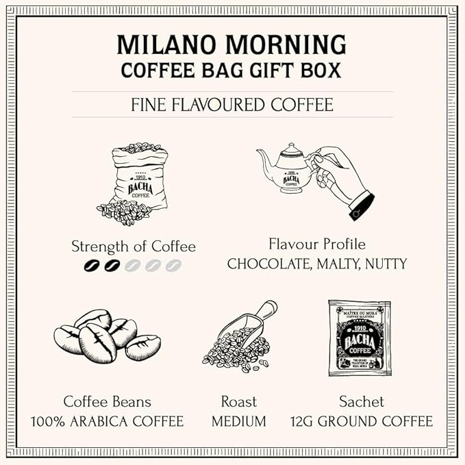 Bacha Coffee | Milano Morning Fine Flavoured Medium Roast 100% Arabica Specialty Coffee 12 Coffee Drip Bags Gift Box