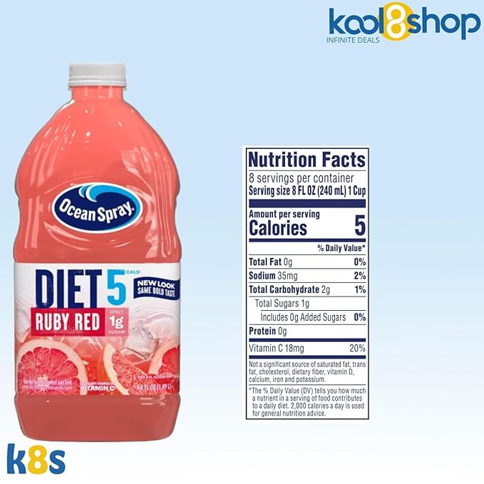 Ocean Spray Diet Ruby Red Juice Drink 64 fl oz Plastic Bottle 4 Pack + 15 Sugarcane Disposable Straws by KOOL8SHOP Infinite Deals