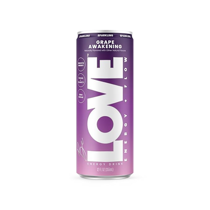 Be LOVE Energy + Flow – 80mg Natural Caffeine L-Theanine &amp Alpha-GPC for Clean Calm Focus – Zero Sugar Low Calorie 100% DV B-Vitamins – Non-GMO Vegan – 12 fl oz (Pack of 12) (Grape Awakening)