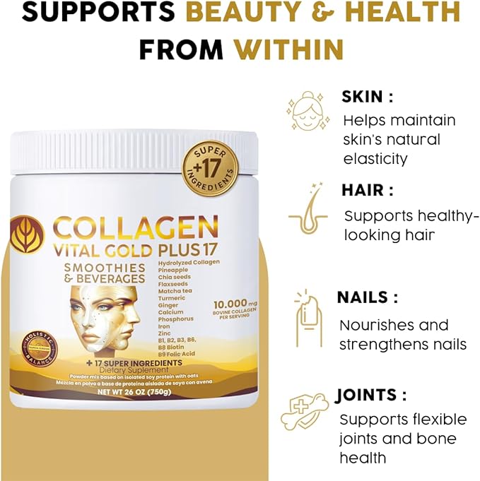 Vital Life Collagen Peptides Powder +17 Super Ingredients 1.6 lb (Pack of 6) Pineapple Flavor Supports Hair Skin Nails Bones Joints &amp Digestive Health Collagen for Women &amp Men.