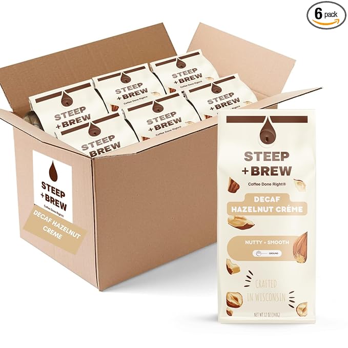 STEEP + BREW DECAF Hazelnut Creme Coffee | Premium Arabica Flavored Coffee | Ground | Light Roast | 10 oz | PACK OF 6