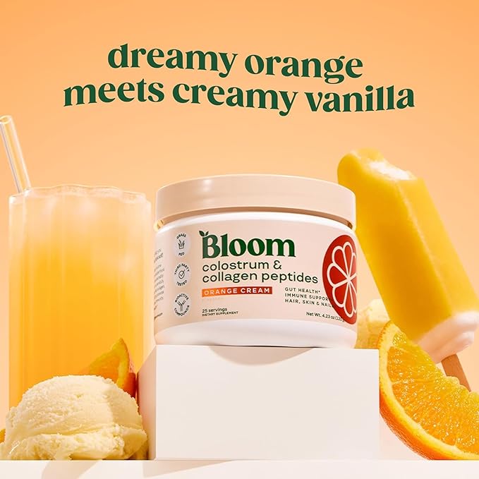 Bloom Nutrition Bovine Colostrum Powder for Gut Health Immune Support Hair Growth &amp Beauty Supplement Gluten Free Sugar Free | Orange Cream 25 Servings