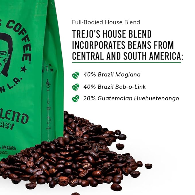 Trejo's Coffee House Blend Dark Roast Whole Bean Coffee 12 Ounce Bag 100% Arabica