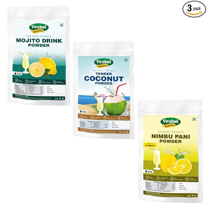 Yeshvi NATURAL Mojito Drink Powder &amp Tender Coconut Water Powder With Nimbu Pani Powder Combo Pack Instant Drink Powder Drink Fizzy Party Drink 300gm