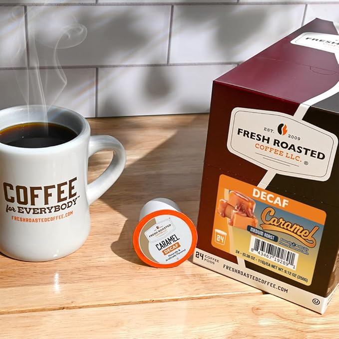 Fresh Roasted Coffee Decaf Caramel Flavored Coffee Pods K-Cup Compatible 96 Count