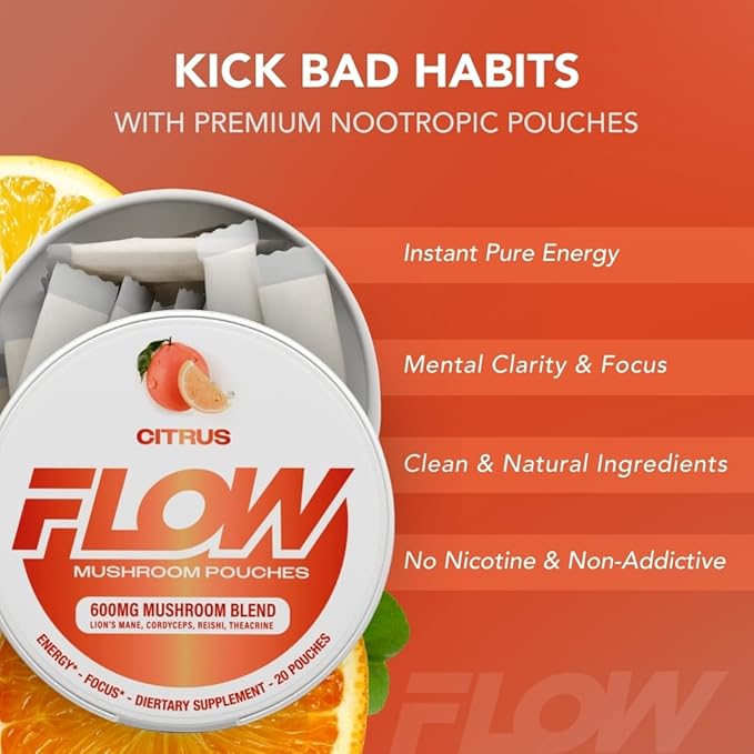 Mushroom Nootropic Pouches - 600mg Organic Mushroom Energy Ultra Pouches with Lion's Mane Reishi Cordyceps for Focus &amp Clean Energy - Zero Caffeine or Sugar (5 Can Pack Citrus)
