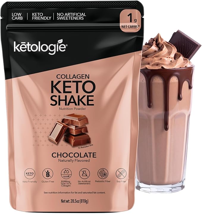 Keto Collagen Shake (Chocolate) - with Coconut Oil Prebiotics Grass Fed Hydrolyzed Collagen Peptides Type I &amp III Low Carb Gluten Free1.78lbs. (810g)