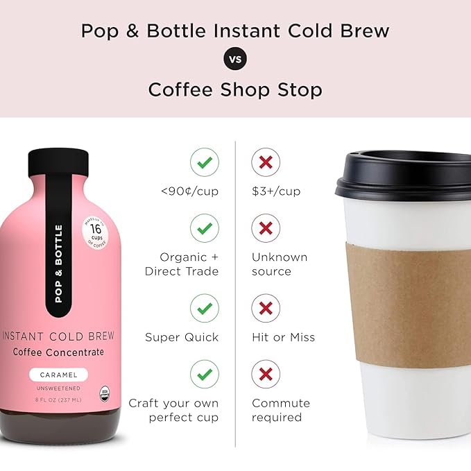 Pop &amp Bottle Organic Cold Brew Coffee Concentrate - Iced Coffee Concentrate Liquid for At Home Dairy Free Makes Up to 16 Cups - Vanilla &amp Caramel 8 fl oz (Mixed 2 Pack)