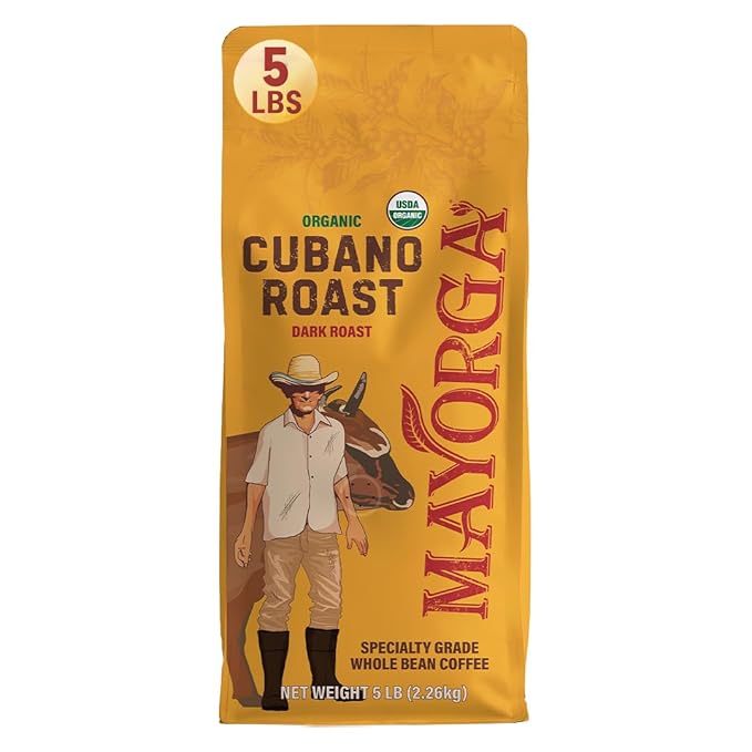 Mayorga Dark Roast Coffee 5lb bag Cubano Roast 100% Arabica Café Whole Coffee Beans - Smoothest Organic Coffee - Specialty Grade Non-GMO Direct Trade