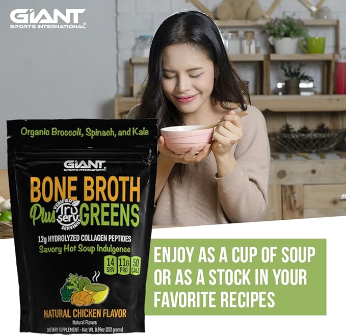 Giant Sports Bone Broth Collagen Plus Greens | Organic Super Greens Powder + Delicious Collagen Protein Powder Mix | Paleo and Keto Friendly | Natural Chicken Flavor 14 Servings