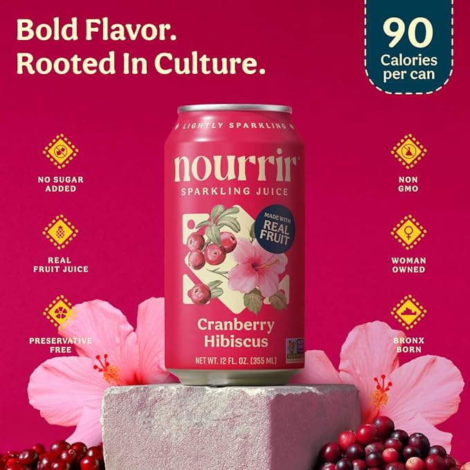 Nourrir Sparkling Cranberry Hibiscus Juice Real Fruit Bold Berries &amp Botanical Blend Non-GMO Gluten-Free Non-Alcoholic 90 cals 0g Added Sugar 12 cans (12-Pack)