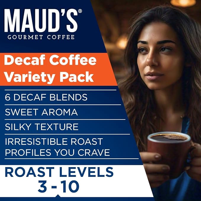 Maud's Decaf Coffee Pods Variety Pack 54 ct 6 Assorted Roasts &amp Flavors Decaf Dark &amp Medium Roast Coffee in Single Serve Pods - 100% Arabica Coffee Compatible with Keurig K Cups Maker