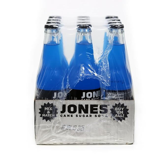 Jones Soda Co. Blue Bubblegum Flavor | 12-Pack | The Original Craft Soda | Made with Pure 100% Cane Sugar | Pop Beverages/Soft Drinks | 12 Oz Glass Bottles
