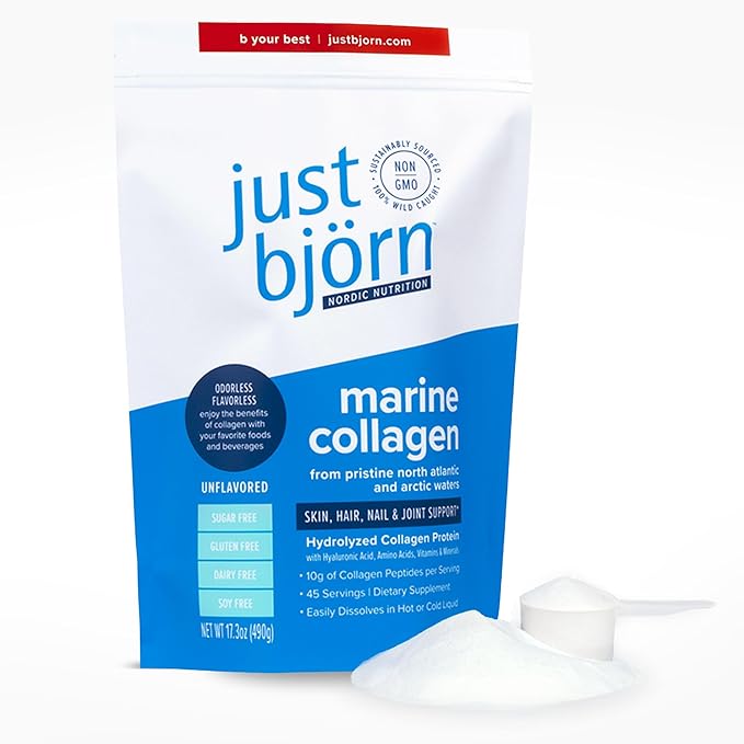 Just Bjorn Marine Collagen Peptides Powder On-The-Go Stick Packs (10 Pack) + 45 Serving Pouch (17.3 Ounce) - Skin Hair Nail and Joint Support - Hyaluronic Acid Vitamin C Amino Acids - Unflavored