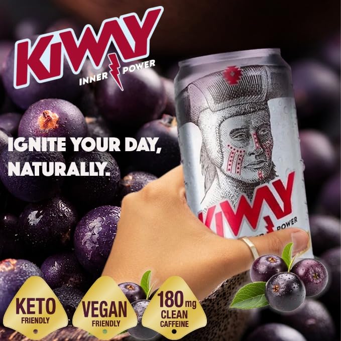Ki-Way Natural Energy Drink Maqui Berry Natural Caffeine Guarana No Added Sugar No Artificial Colors or Sweeteners Keto Friendly Vegan Friendly 19 Calories 10 floz / 295mL 12-Can Value Pack