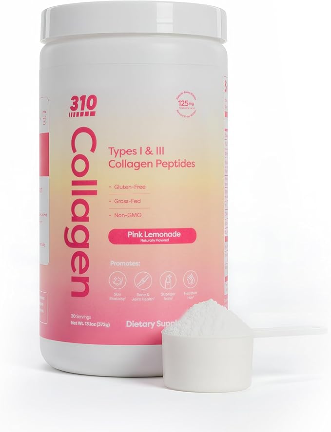 310 Nutrition Collagen Peptides for Women &amp Men - Hydrolyzed Grass-Fed Collagen with Hyaluronic Acid Resveratrol Vitamin C D E - Skin Hair Nail Joint Support - Pink Lemonade 30 Servings