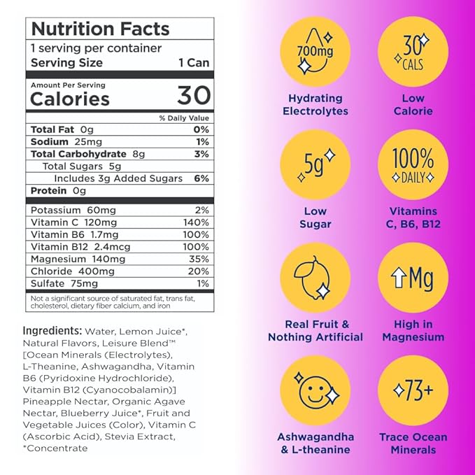 Leisure Hydration - Variety Pack and Blueberry Flavors (24 Total Cans - 12 of Variety Flavor and 12 of Blueberry Flavor)