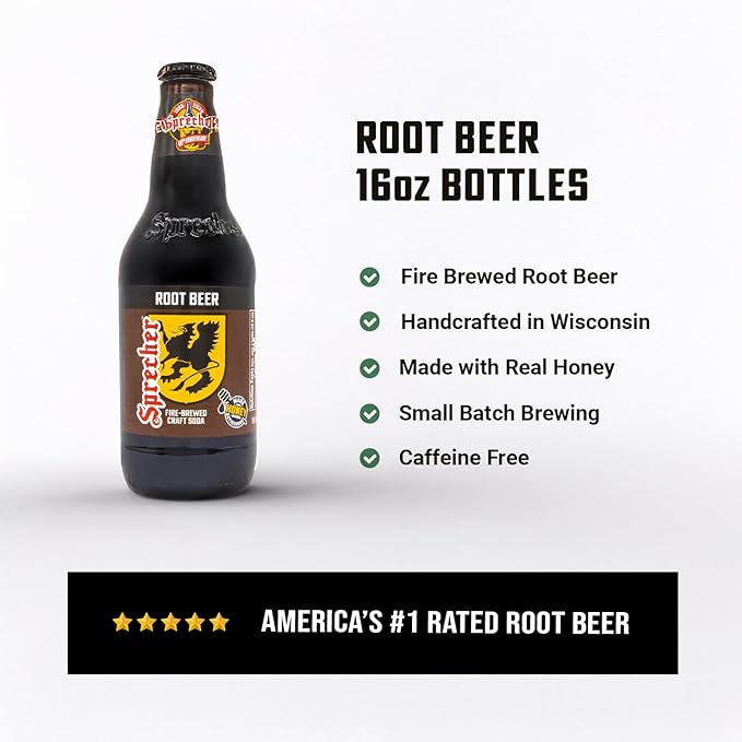 Sprecher Root Beer in 16 fl oz Glass Bottles (24 Pack) Fire Brewed Root Beer Soda with Real Honey Naturally Flavored Craft Soda Caffeine Free Gluten Free Soft Drink
