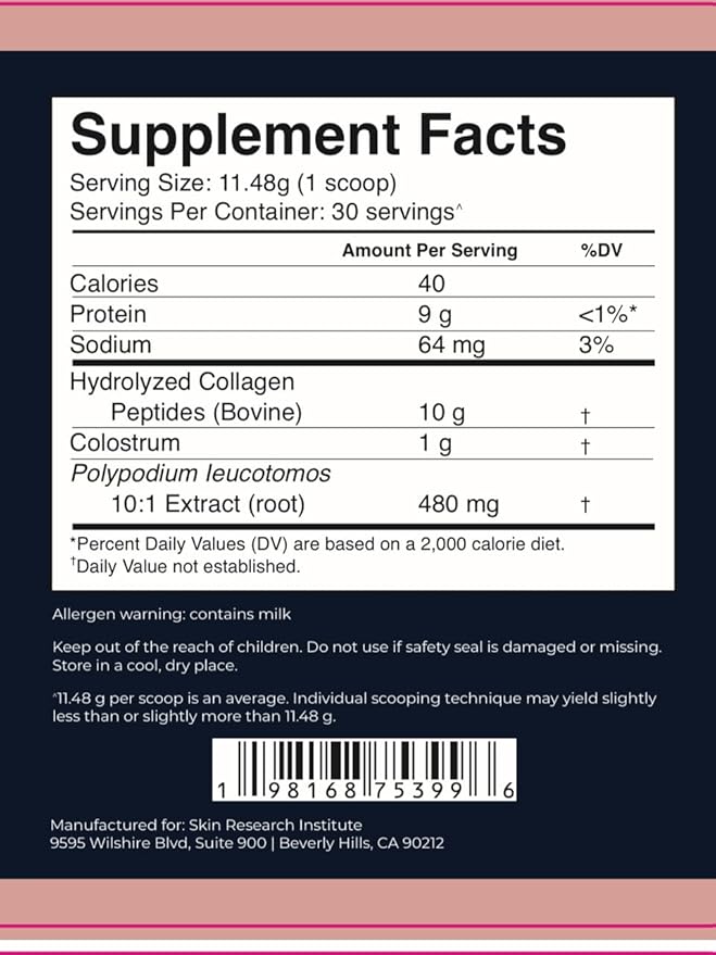 SRILabs ColSilk Unflavored Hydrolyzed Collagen Powder with Colostrum and Polypodium - Skin Hair Nails Gut Health and Joint Support - One Scoop Daily | 1 Month Supply