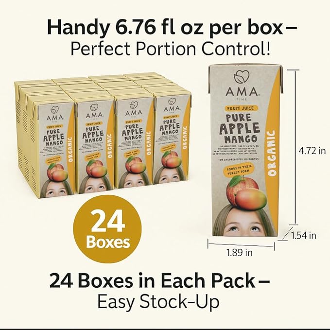 AMA TIME Organic Apple &amp Mango Juice Boxes for Kids 24 Pack | 6.76 fl oz Each | USDA Organic Juice with Vitamins A &amp C | No Added Sugar Gluten-Free Lunchbox &amp Snack Box Drinks