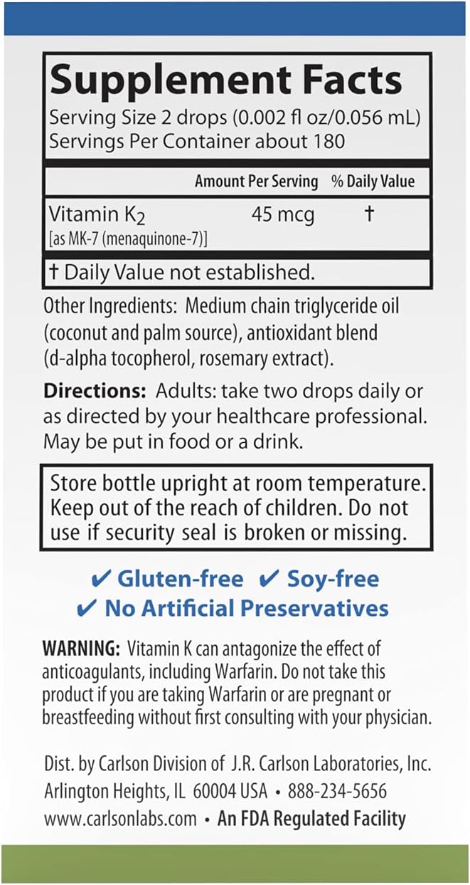 Carlson - Super Daily K2 45 mcg Liquid Vitamin K Bone Health K2 Vitamin Vitamin K Supplement Vitamin K-2 MK7 Unflavored 360 Drops (10.16 mL)