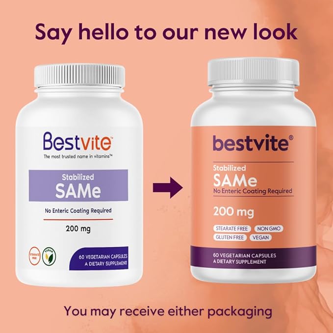 BESTVITE SAM-e 200mg Stabilized (120 Vegetarian Capsules) (60 x 2) - Easy to Swallow Capsule Form - No Enteric Coat Needed - No Stearates - No Fillers - Vegan - Non GMO - Gluten Free