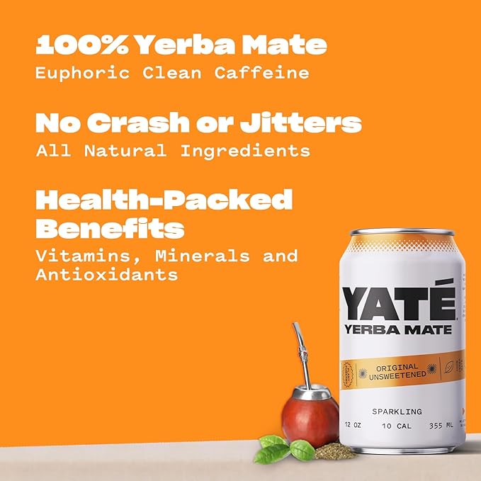 Yate Sparkling Yerba Mate - Unsweetened Organic Yerba Mate Drink with Zero Sugar &amp 10 Calories for Daily Energy - A Smooth Healthy Energy Drink with Antioxidants &amp Plant-Based Ingredients - 1