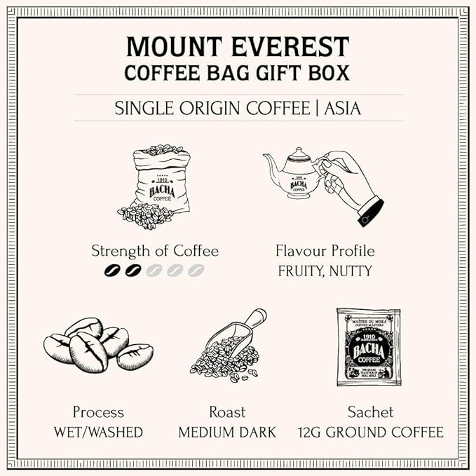 Bacha Coffee | Mount Everest Nepal Single Origin Arabica 100% Arabica Specialty Coffee 12 Coffee Drip Bags Gift Box