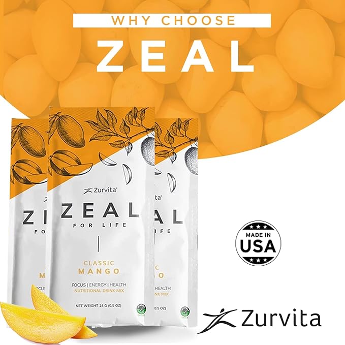 Zurvita - Zeal for Life Wellness Drink Mix - Classic Mango Flavor - Gluten-Free Vegan with Biotin Vitamins and Minerals for Health - 10 Packets