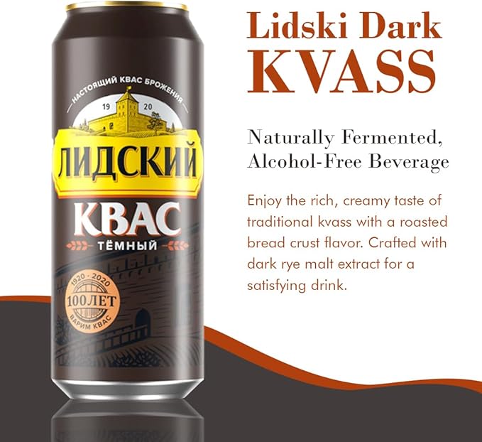 Authentic Eastern European Fermented Kvass LIDSKI Dark Drink - Soft Drink Made with Rye Flour Rye &amp Barley Malt – Non Alcohol Russian Soda - 6-Pack of Kvass Drink Can15.20 fl. oz (0.45L)