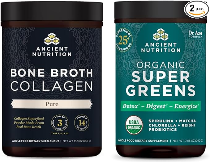 Ancient Nutrition Bone Broth Collagen Powder Pure 30 Servings + Organic Supergreens Powder Greens Flavor 25 Servings