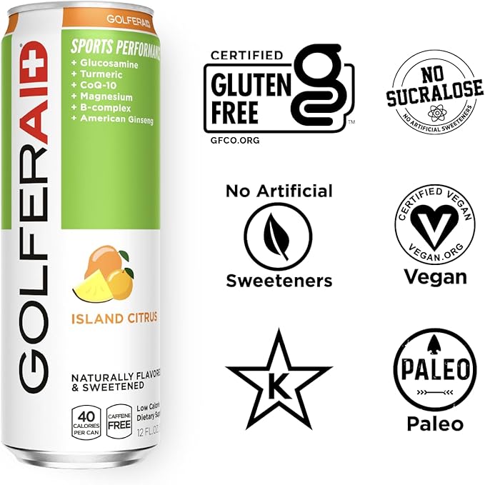 GOLFERAID Performance Blend Up Your Golf Game No Caffeine Glucosamine Turmeric MSM CoQ10 B-Complex BCAAs and Electrolytes 40 Calories 100% Clean Paleo Vegan 12 Fl Oz (Pack of 12)