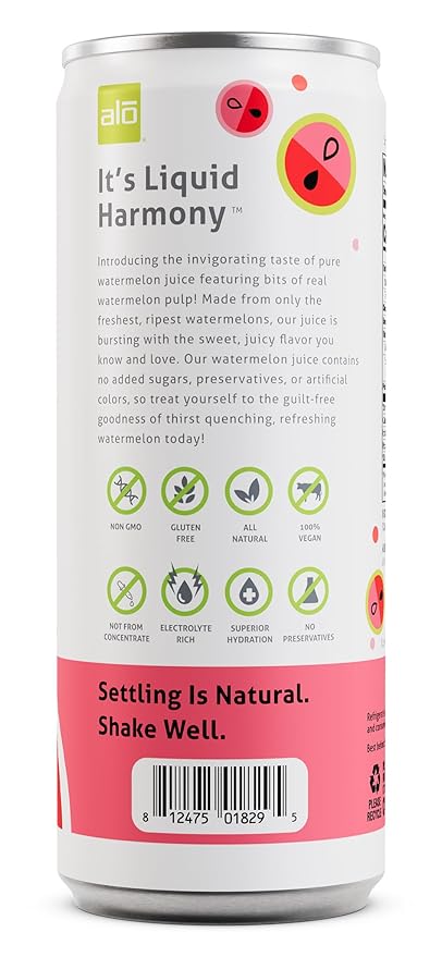 ALO Slim Can Juice Watermelon with Real Fruit Pulp| 10.82 fl oz Pack of 12 | Plant-Based Beverage 100% Natural Juice