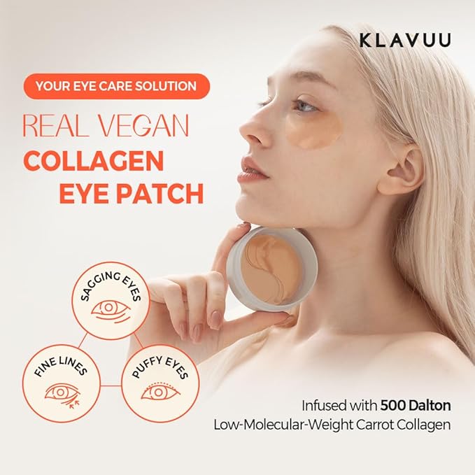 KLAVUU Vegan Collagen Eye Patches for Puffy Eyes &amp Dark Circles (60 Patches) – Hydrogel Under Eye Mask with Niacinamide – Fine Lines Firming Elasticity