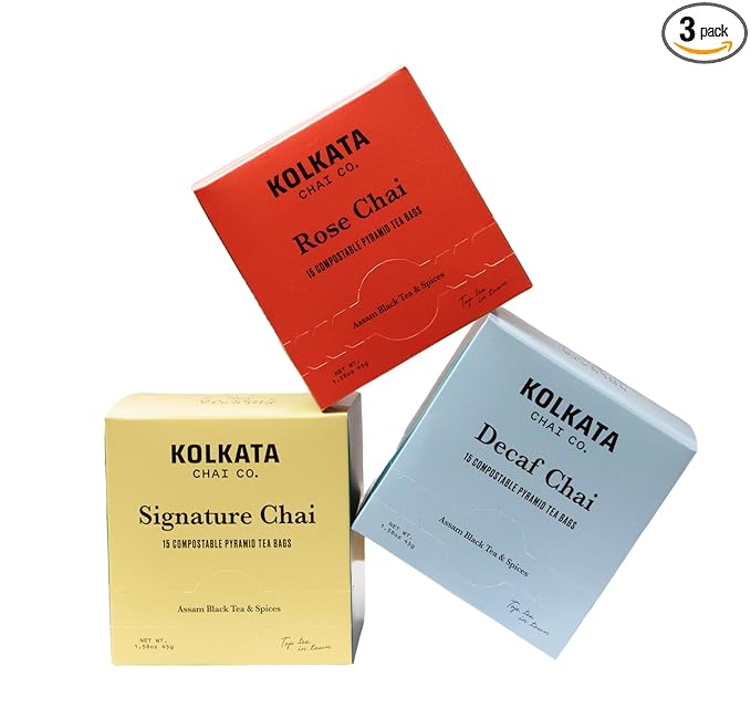 Kolkata Chai - Signature Rose and Decaf Chai Tea Bag Variety Pack 45 Count Premium Assam Black Tea and Spices Compostable Tea Bags Vegan All Natural
