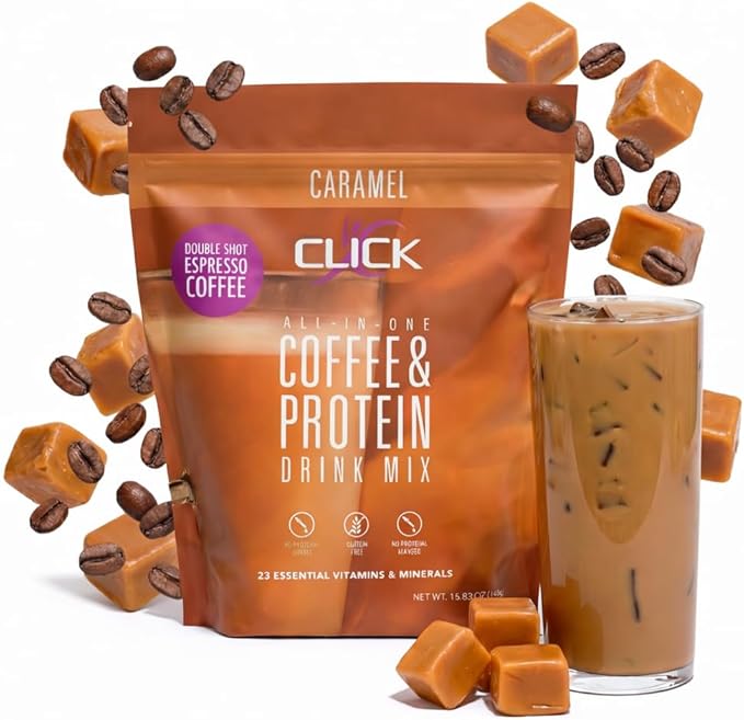 Click Coffee Protein Powder | Double Shot Espresso | 16g Protein | 23 Essential Vitamins | Low Calorie Meal Replacement | 150mg Caffeine | Gluten Free | No Artificial Flavors or Colors | Caramel