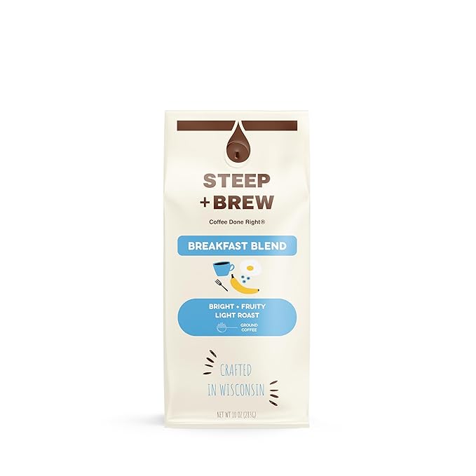 STEEP + BREW Breakfast Blend Coffee | Premium Arabica Light Roast Coffee | Ground | Light Roast | 10 oz | PACK OF 6