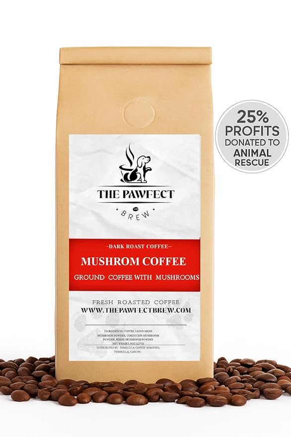Dog Lover's Mushroom Coffee – Dark Roast Ground Specialty-Grade with Lion’s Mane Cordyceps &amp Reishi – Coffee with a Cause- 8oz Drip Drip 8oz