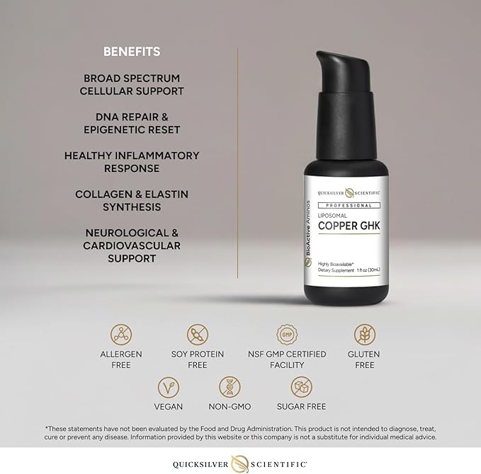Quicksilver Scientific Oral Liposomal Copper GHK - Oral Liposomal Supplement for Collagen Support - Vegan Gluten-Free Sugar-Free &amp Non-GMO - 1 fl oz (30 Servings)