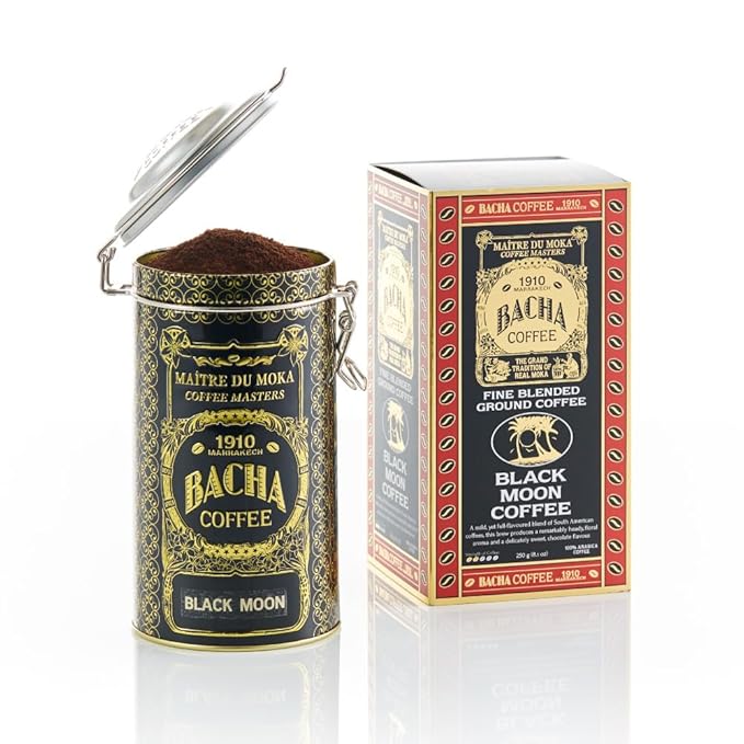 Bacha Coffee | Black Moon Fine Blended Coffee Autograph Collection 100% Arabica Specialty Coffee Ground Beans Medium Roast 250g &amp 100% Natural Unbleached Wood Fibre Paper Filters Large