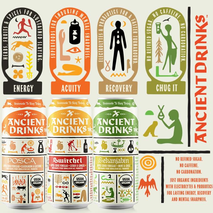 ANCIENT DRINKS Apple Cider Vinegar Electrolyte Drink with Probiotics – Organic Hydration Beverage Variety Pack (Posca Switchel Sekanjabin) – ACV Sports Drink with Natural Vitamins – 16 oz Cans 12 P