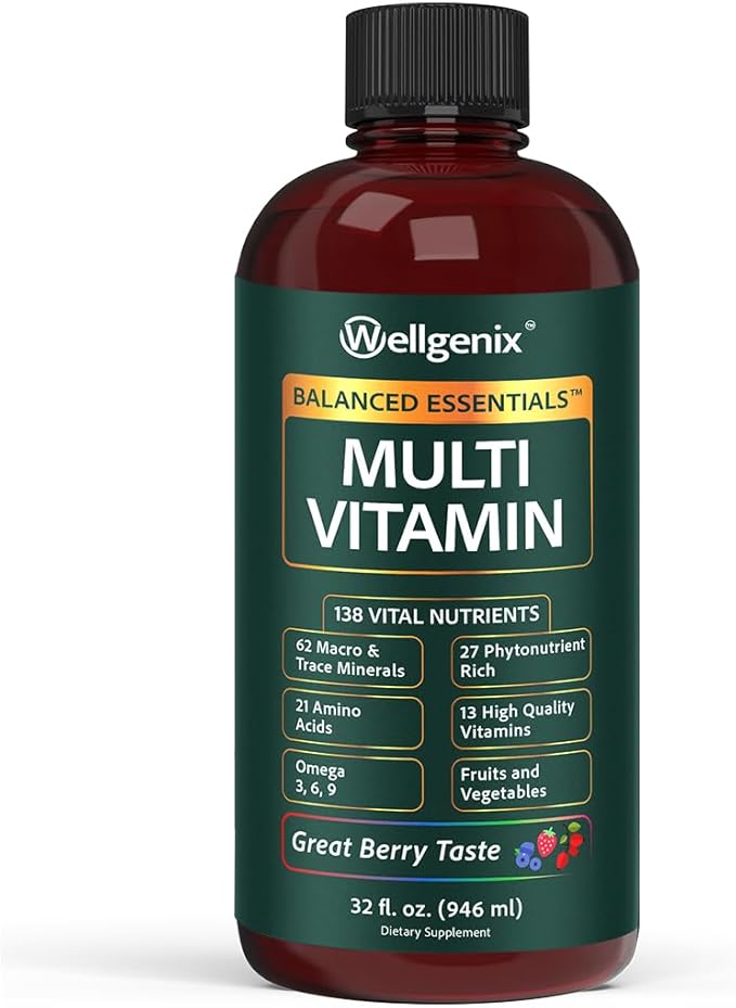 Wellgenix Balanced Essentials Liquid Multivitamin Dietary Supplement with Vitamins and Minerals – Berry Flavor – 32 fl oz