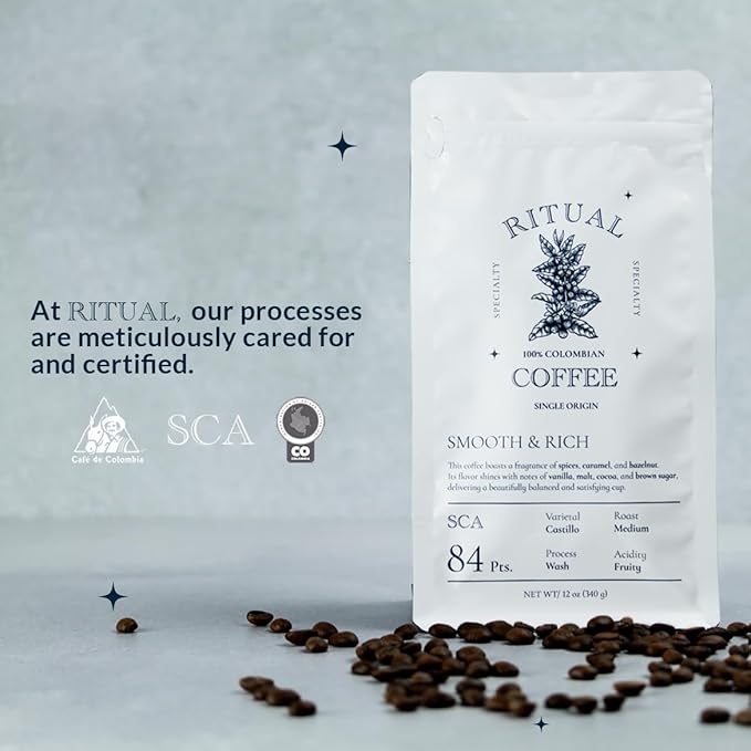 Ritual Specialty Coffee - Colombian Single Origin Ground Coffee Low Acid Smooth &amp Rich SCA 84+ Score (Caramel Vanilla Cocoa) Medium Roast 12oz (340g) 100% Arabica Castillo Variety