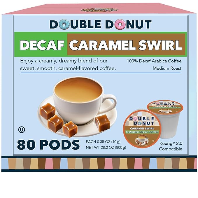 Caramel Swirl Medium Roast Flavored Decaf Coffee Pods for Keurig K Cups Makers from Double Donut 80 Capsules