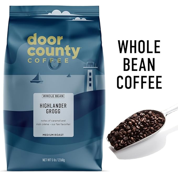 Door County Coffee Highlander Grogg Flavored Coffee Whole Bean - 5 lb Bag - Flavored Ground Medium Roast - 100% Specialty Arabica - Gourmet - Irish Crème &amp Caramel