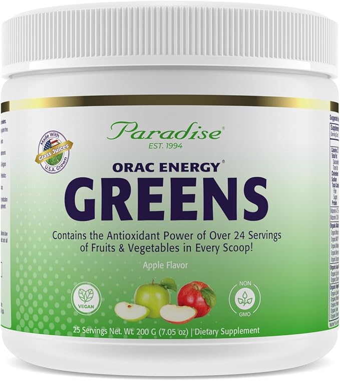 Paradise Herbs ORAC Energy Greens Apple Superfood Powder Over 40000 ORAC Antioxidants Organic Greens Berries Mushrooms &amp Probiotics Non-GMO Gluten-Free 25 Servings